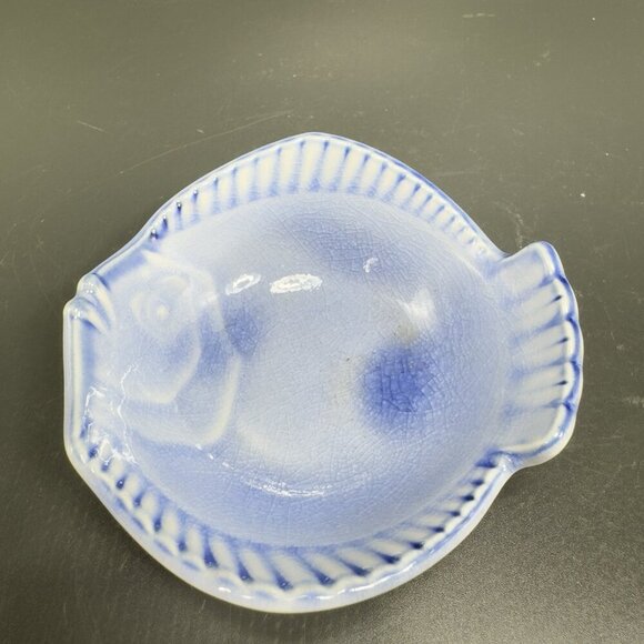 Blue Glazed Japanese Pottery Fish Dish Sushi Dip Plate Dish Bowl Small Stamped - Picture 13 of 13